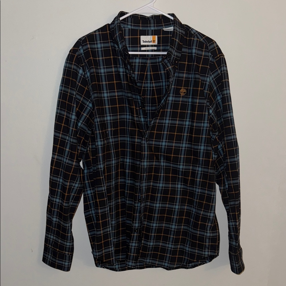 Timberland Men's Navy and Orange Plaid Shirt